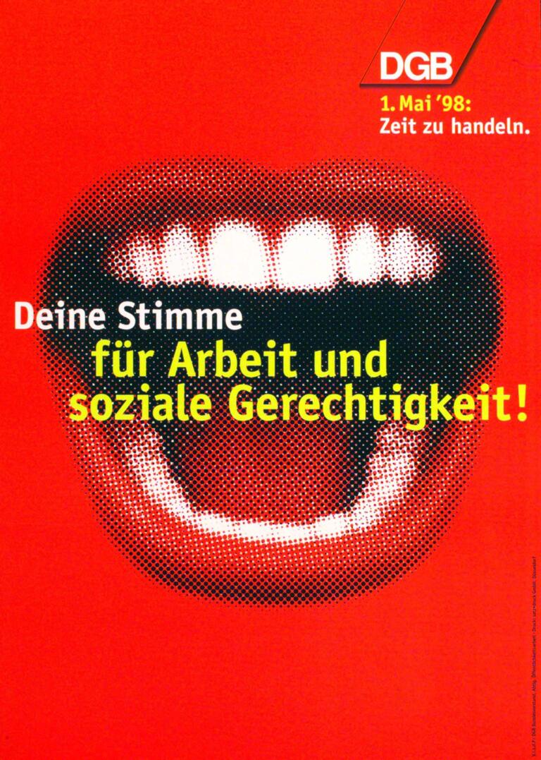 DGB-Plakat zum 1. Mai 1998: Zeit zu handeln. Deine Stimme für Arbeit und soziale Gerechtigkeit