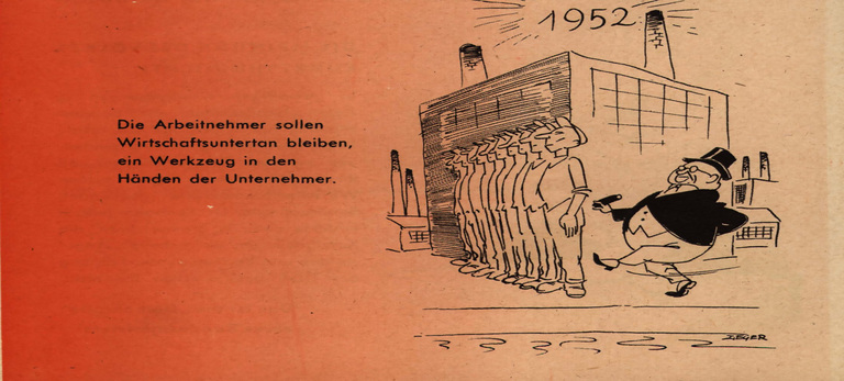 Flugblatt des DGB Landesbezirk Niedersachsen 1952: Aufruf zur Einigkeit von Arbeitern, Angestellten und Beamten im Kampf für ein fortschrittliches Betriebsverfassungsgesetz, 1952