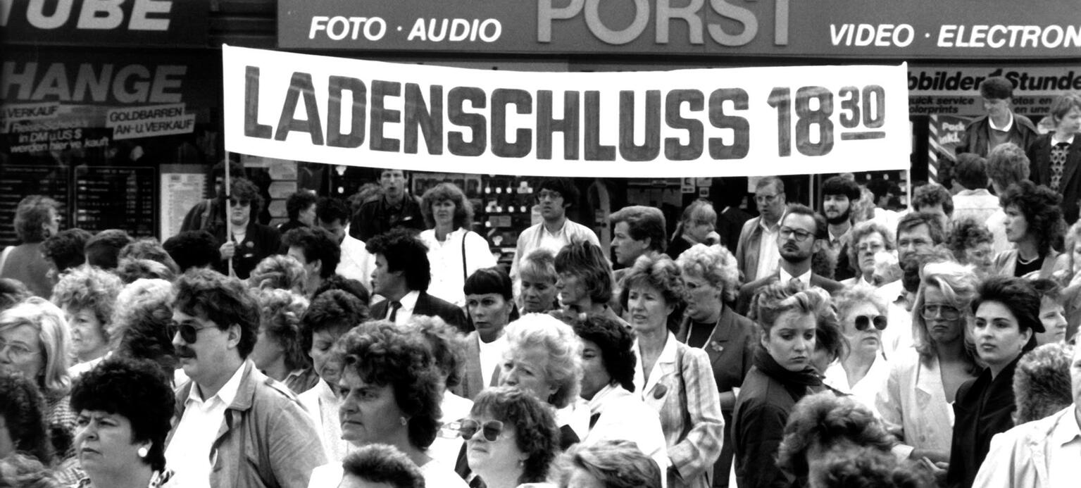 Streik und Kundgebung der Gewerkschaft HBV für die Beibehaltung des Ladenschlusses, 21. Juni 1988