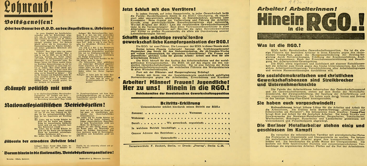 Flugblatt der NSBO gegen SPD und Freie Gewerkschaften: „Lohnraub“, 30. Oktober 1931 und RGO-Flugblatt zur Mitgliederwerbung, um 1930